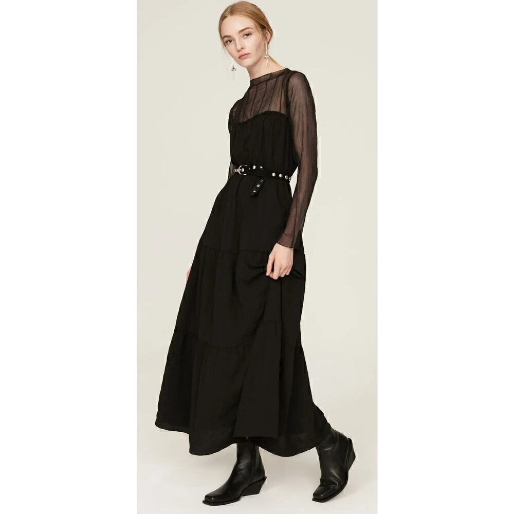 Pamela Love Dress Sheer Long Sleeve Button Back Tiered A-Line Midi Black Size XS